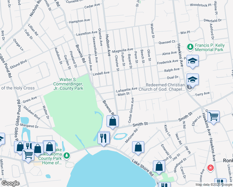 map of restaurants, bars, coffee shops, grocery stores, and more near 97 Hudson Avenue in Lake Grove