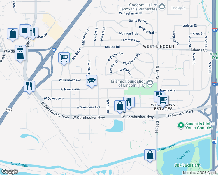 map of restaurants, bars, coffee shops, grocery stores, and more near 540 West Nance Avenue in Lincoln