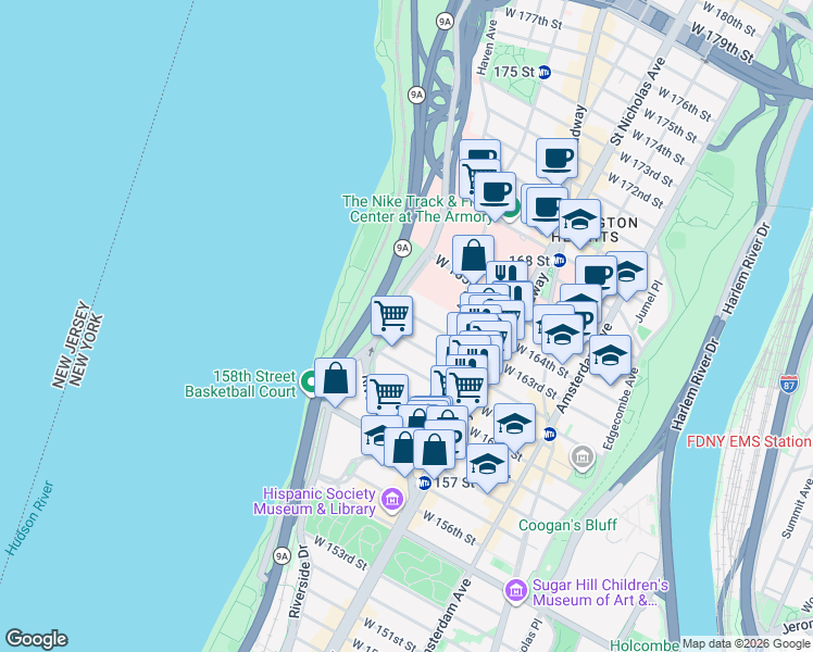 map of restaurants, bars, coffee shops, grocery stores, and more near 920 Riverside Drive in New York