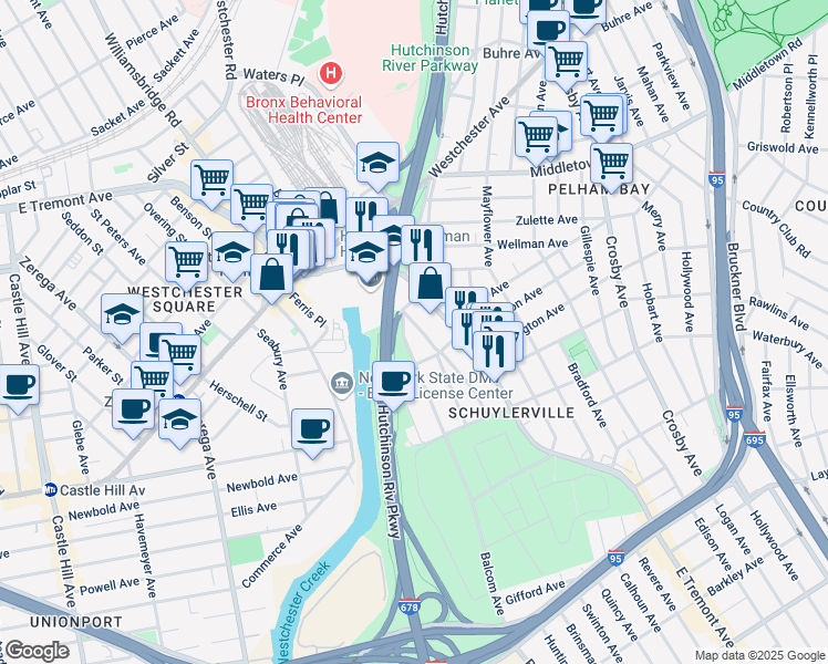 map of restaurants, bars, coffee shops, grocery stores, and more near 1429 Edwards Avenue in Bronx
