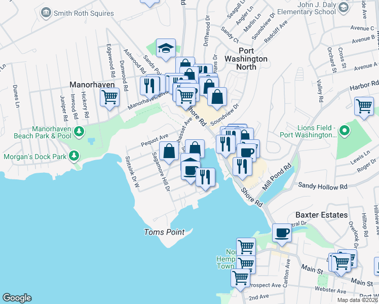 map of restaurants, bars, coffee shops, grocery stores, and more near 42 Sintsink Drive East in Port Washington