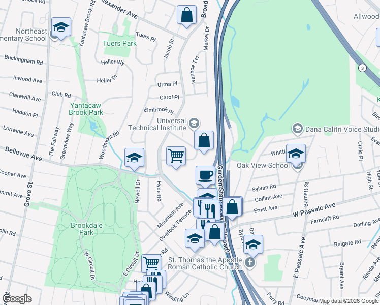 map of restaurants, bars, coffee shops, grocery stores, and more near 300 Broadacres Drive in Bloomfield