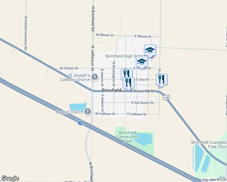 map of restaurants, bars, coffee shops, grocery stores, and more near 201 W Knoxville St in Brimfield
