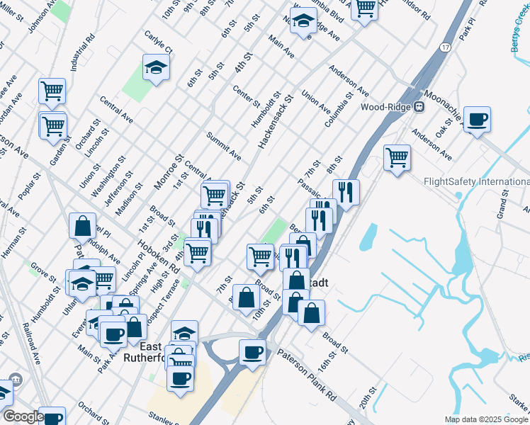 map of restaurants, bars, coffee shops, grocery stores, and more near 374 Berry Avenue in Carlstadt