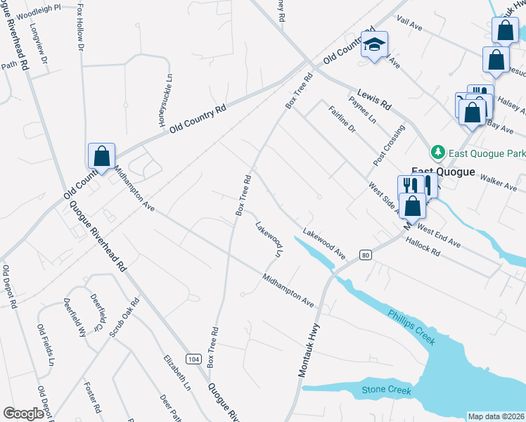 map of restaurants, bars, coffee shops, grocery stores, and more near 4 Lakewood Lane in East Quogue