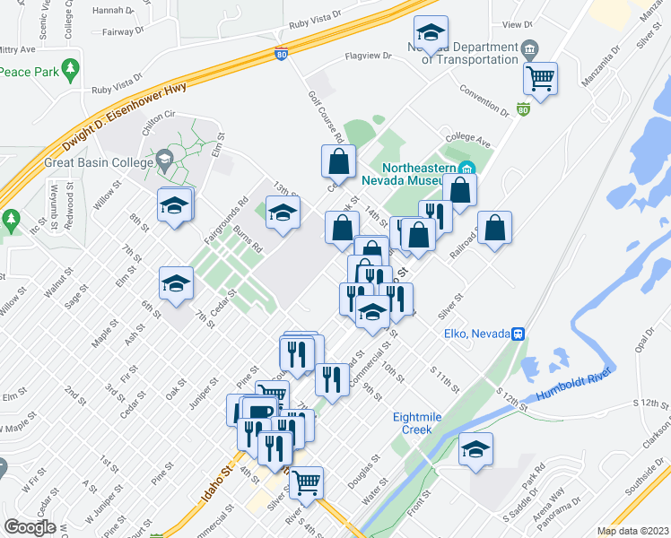 map of restaurants, bars, coffee shops, grocery stores, and more near 1140 1/2 College Avenue in Elko