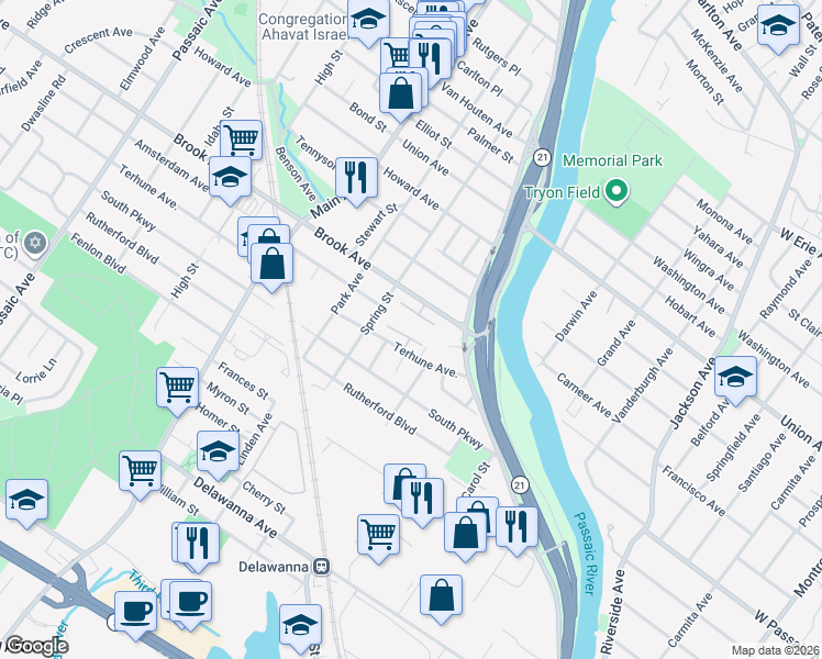 map of restaurants, bars, coffee shops, grocery stores, and more near 77 Brook Avenue in Passaic