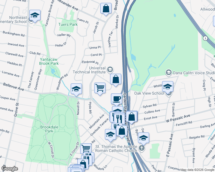 map of restaurants, bars, coffee shops, grocery stores, and more near 300 Broadacres Drive in Bloomfield