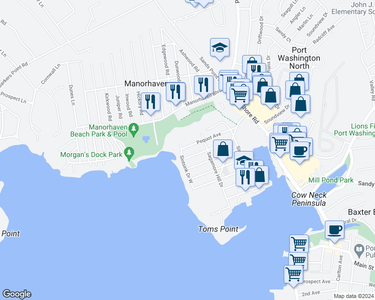 map of restaurants, bars, coffee shops, grocery stores, and more near 42 Pequot Avenue in Port Washington