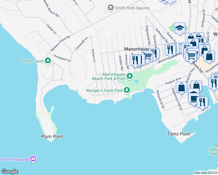 map of restaurants, bars, coffee shops, grocery stores, and more near 26 Marwood Road South in Port Washington