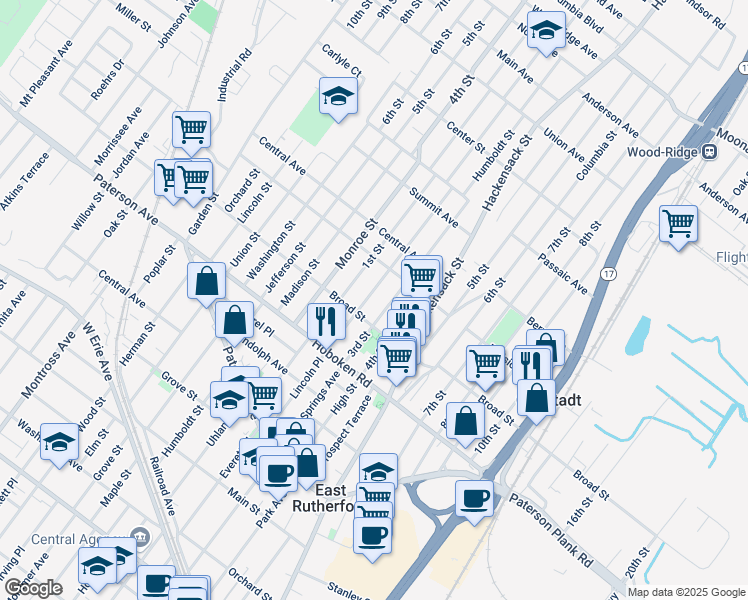 map of restaurants, bars, coffee shops, grocery stores, and more near 430 3rd Street in Carlstadt