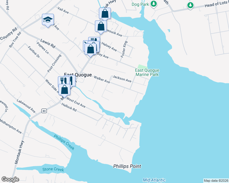 map of restaurants, bars, coffee shops, grocery stores, and more near 5 Harrison Terrace in East Quogue