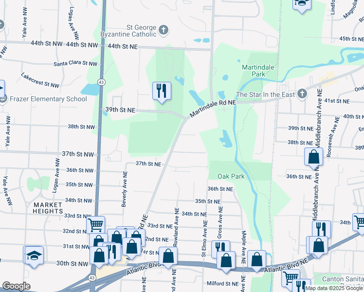 map of restaurants, bars, coffee shops, grocery stores, and more near 3704 Martindale Road Northeast in Canton