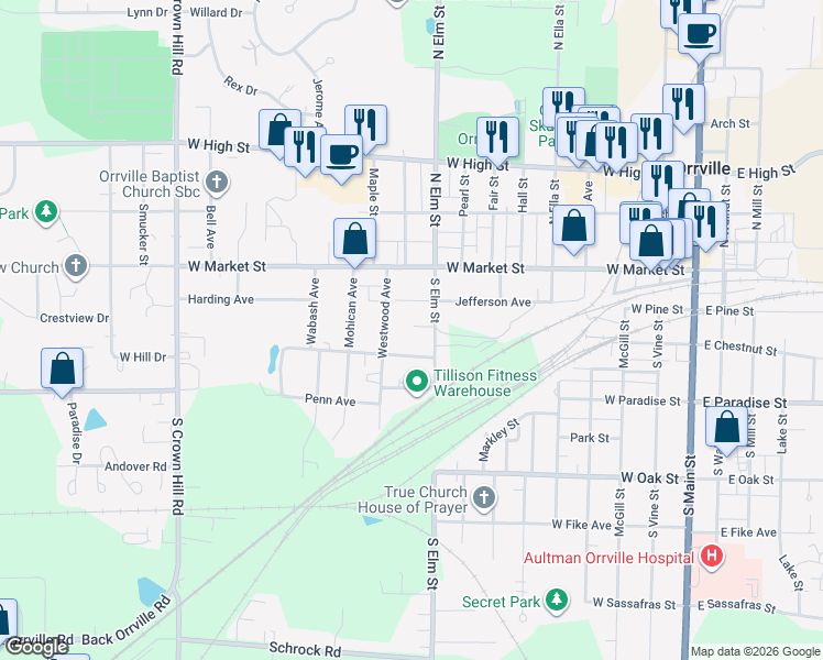 map of restaurants, bars, coffee shops, grocery stores, and more near 221 Elm Drive in Wooster