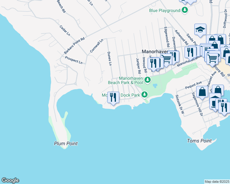 map of restaurants, bars, coffee shops, grocery stores, and more near 26 Oldwood Road South in Port Washington