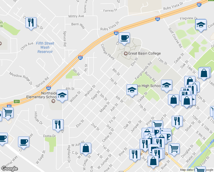 map of restaurants, bars, coffee shops, grocery stores, and more near 1376 6th Street in Elko