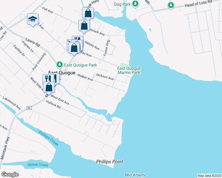 map of restaurants, bars, coffee shops, grocery stores, and more near 36 Walker Avenue in East Quogue