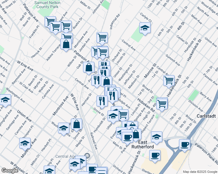 map of restaurants, bars, coffee shops, grocery stores, and more near 3 Laurel Place in East Rutherford