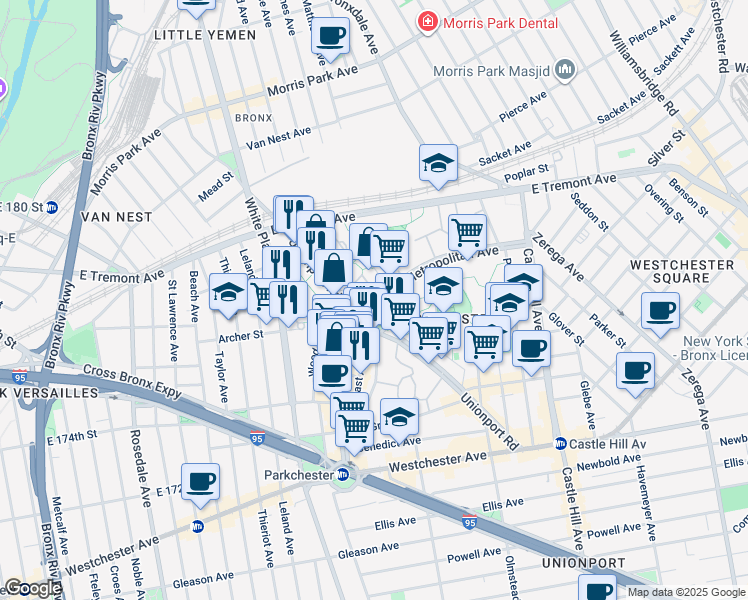 map of restaurants, bars, coffee shops, grocery stores, and more near 5 Metropolitan Oval in Bronx