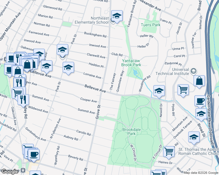 map of restaurants, bars, coffee shops, grocery stores, and more near 6 The Fairway in Montclair
