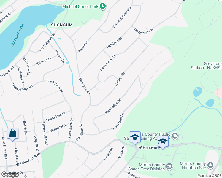 map of restaurants, bars, coffee shops, grocery stores, and more near 11 North Ridge Road in Denville