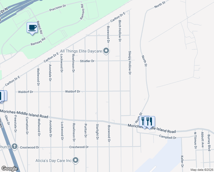map of restaurants, bars, coffee shops, grocery stores, and more near 505 Boxwood Drive in Shirley