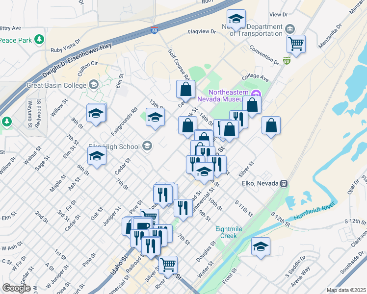map of restaurants, bars, coffee shops, grocery stores, and more near 1140 College Avenue in Elko