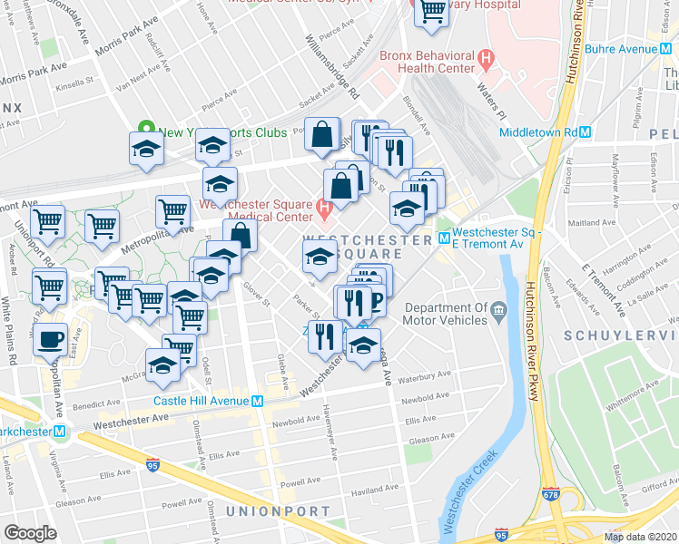map of restaurants, bars, coffee shops, grocery stores, and more near 1509 Rowland Street in Bronx