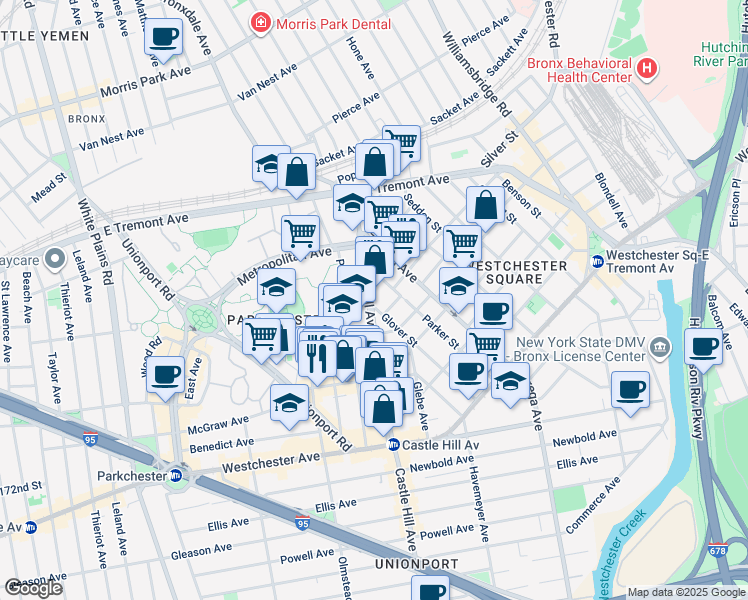map of restaurants, bars, coffee shops, grocery stores, and more near 1650 Glover Street in The Bronx