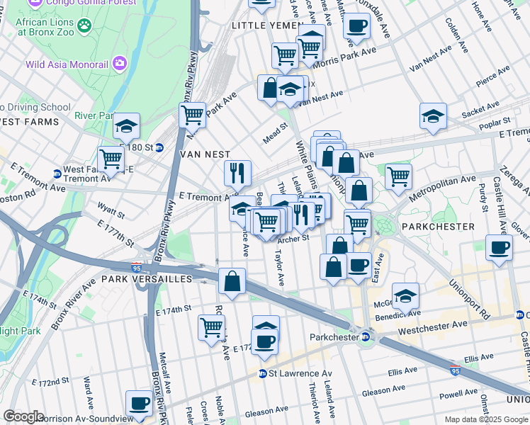map of restaurants, bars, coffee shops, grocery stores, and more near 1533 Beach Avenue in Bronx