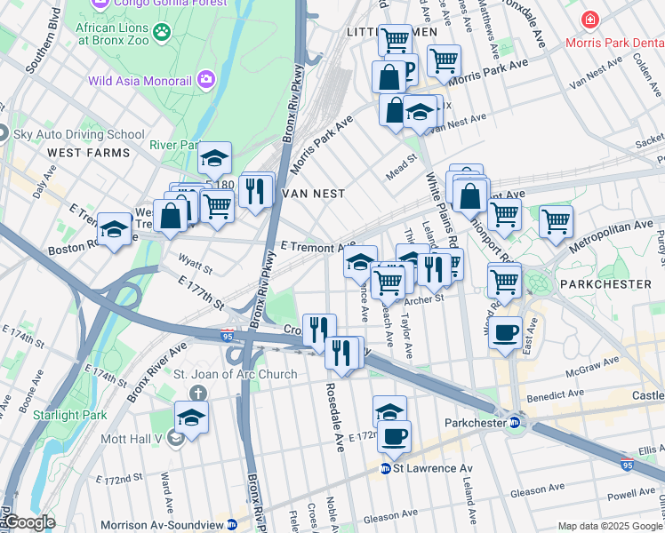 map of restaurants, bars, coffee shops, grocery stores, and more near 1539 Rosedale Avenue in The Bronx