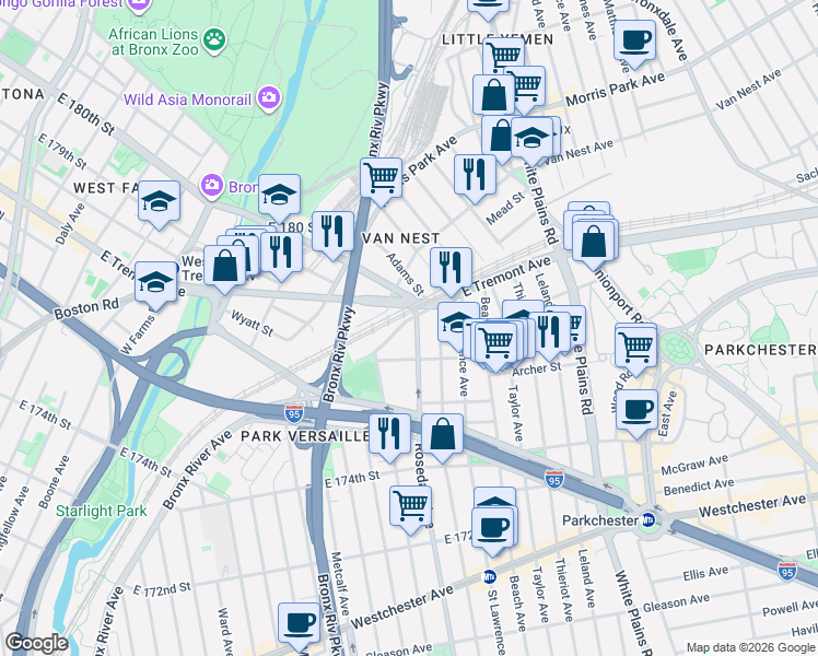 map of restaurants, bars, coffee shops, grocery stores, and more near 1539 Rosedale Avenue in The Bronx