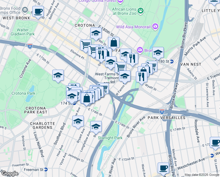 map of restaurants, bars, coffee shops, grocery stores, and more near 1897 Longfellow Avenue in The Bronx