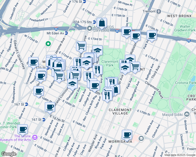 map of restaurants, bars, coffee shops, grocery stores, and more near 1464 College Avenue in Bronx