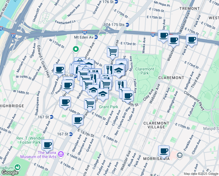 map of restaurants, bars, coffee shops, grocery stores, and more near in The Bronx