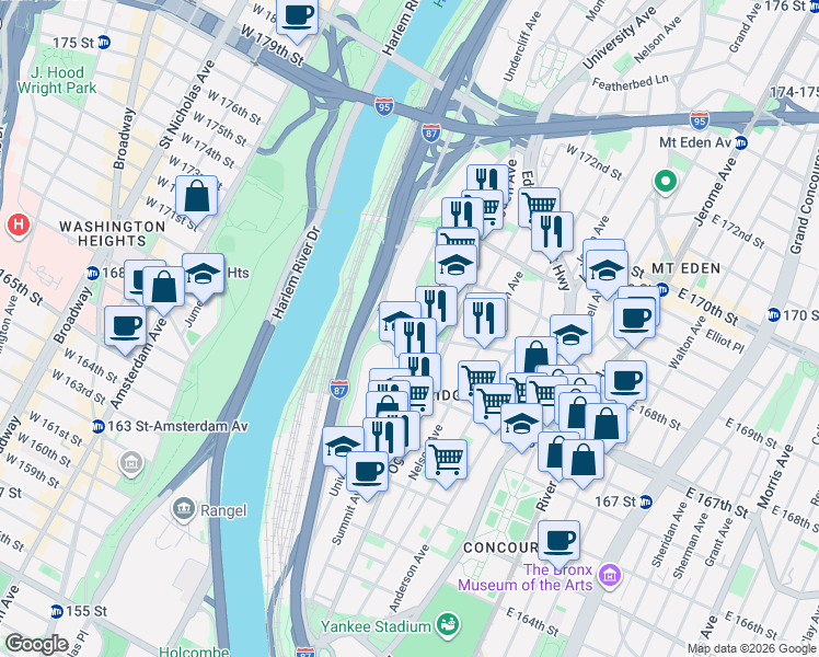 map of restaurants, bars, coffee shops, grocery stores, and more near 1247 Doctor Martin Luther King Junior Boulevard in The Bronx
