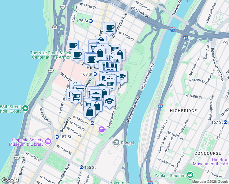 map of restaurants, bars, coffee shops, grocery stores, and more near 465 West 167th Street in New York City