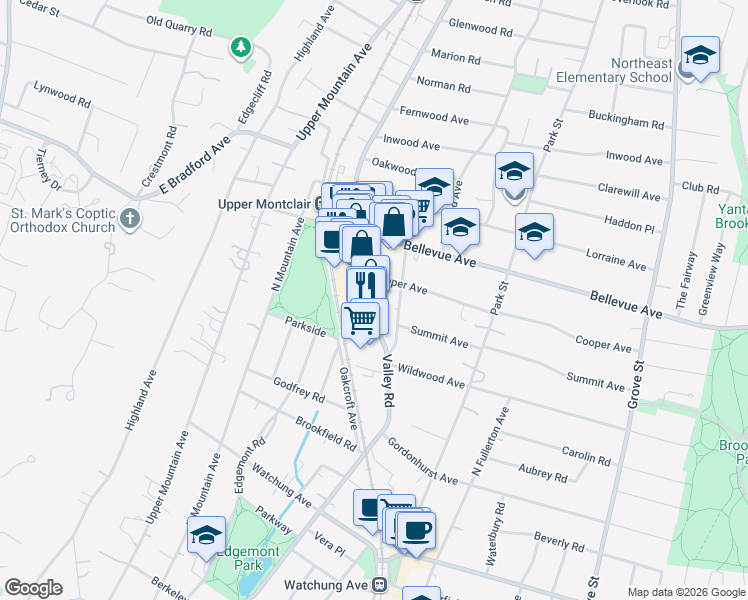 map of restaurants, bars, coffee shops, grocery stores, and more near 554 Valley Road in Montclair