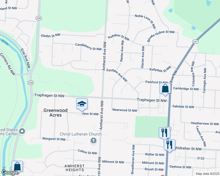 map of restaurants, bars, coffee shops, grocery stores, and more near 3988 Amherst Avenue Northwest in Massillon