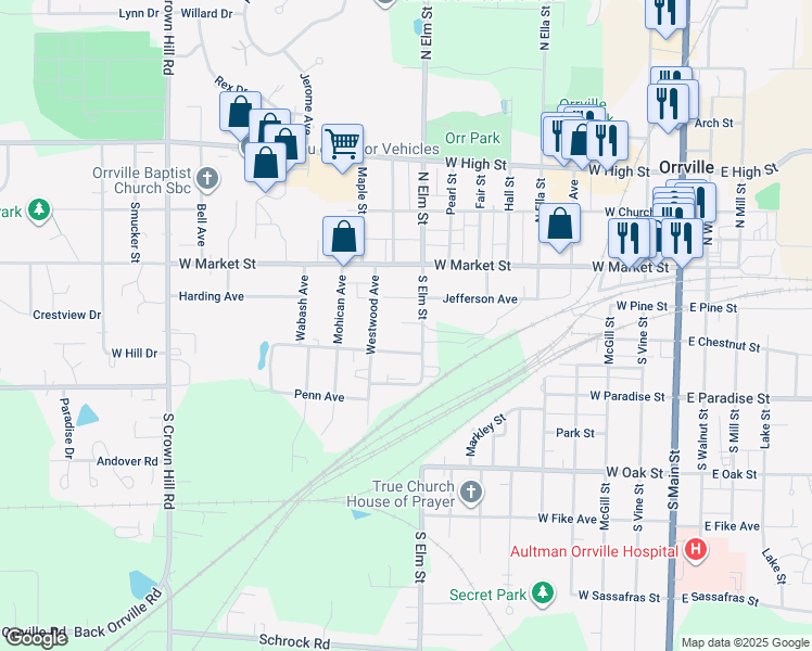 map of restaurants, bars, coffee shops, grocery stores, and more near 221 Elm Drive in Wooster