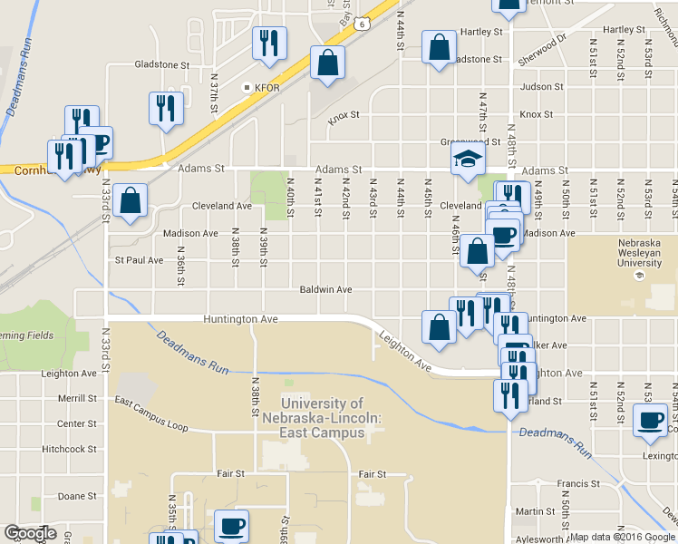 map of restaurants, bars, coffee shops, grocery stores, and more near 2645 North 42nd Street in Lincoln
