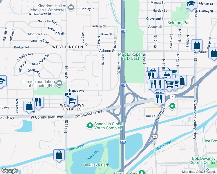 map of restaurants, bars, coffee shops, grocery stores, and more near 2611 North 5th Street in Lincoln