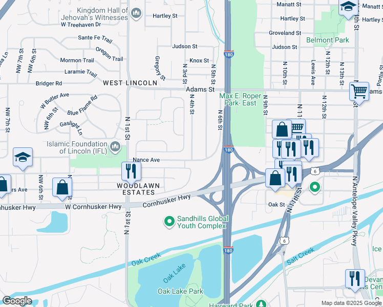 map of restaurants, bars, coffee shops, grocery stores, and more near 2600 North 3rd Street in Lincoln