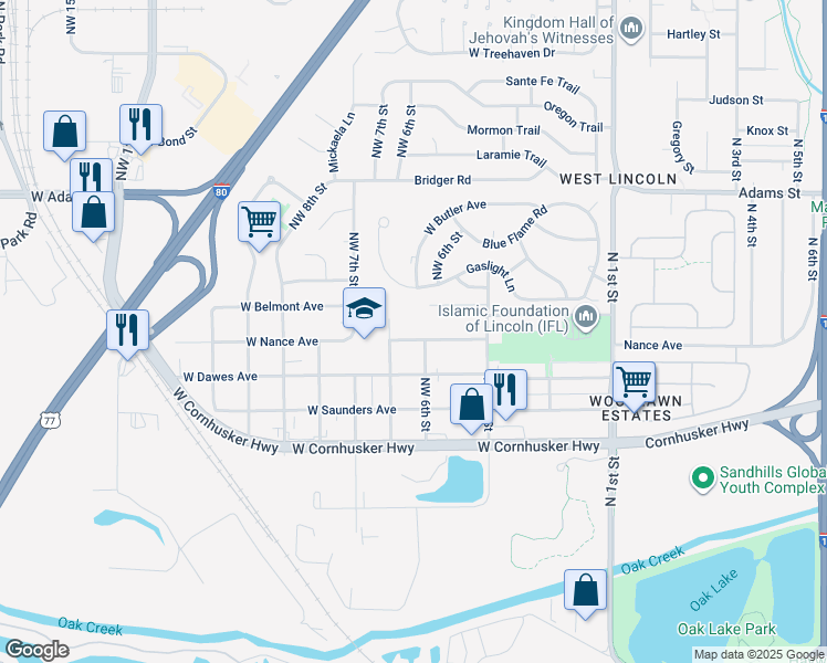 map of restaurants, bars, coffee shops, grocery stores, and more near 540 West Nance Avenue in Lincoln