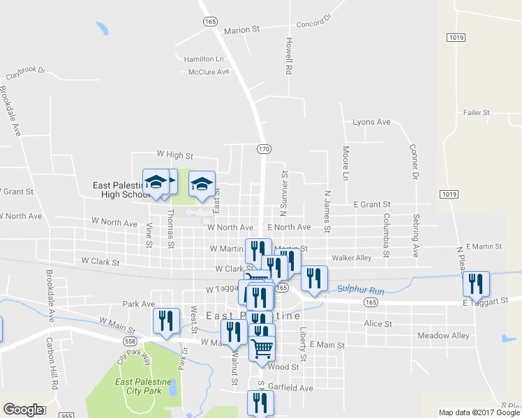map of restaurants, bars, coffee shops, grocery stores, and more near 462 North Market Street in East Palestine