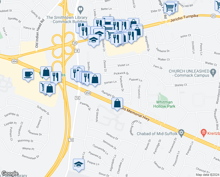 map of restaurants, bars, coffee shops, grocery stores, and more near 5 Garden Lane in Commack