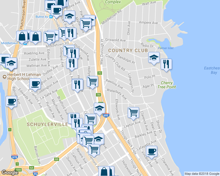 map of restaurants, bars, coffee shops, grocery stores, and more near 3137 Waterbury Avenue in Bronx