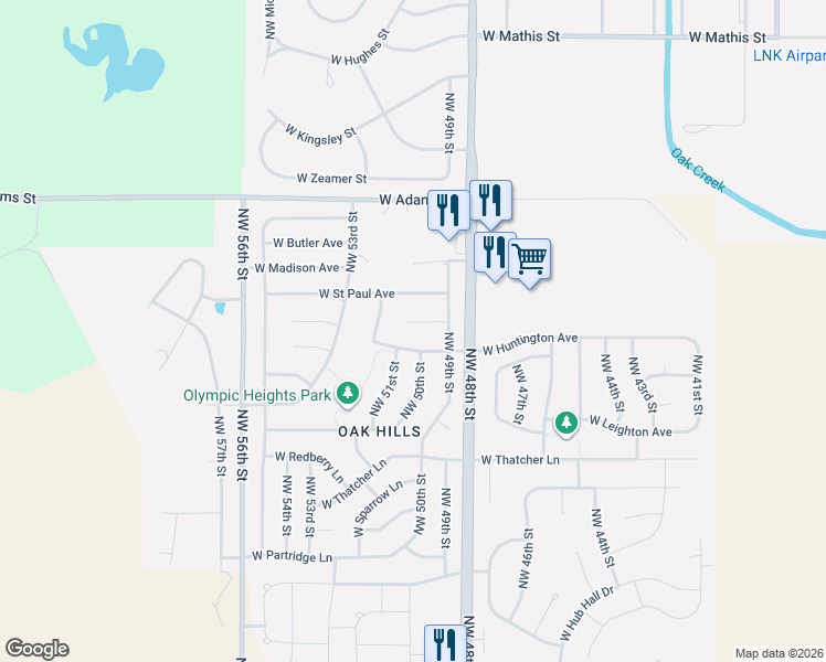 map of restaurants, bars, coffee shops, grocery stores, and more near 4921 West Champion Court in Lincoln