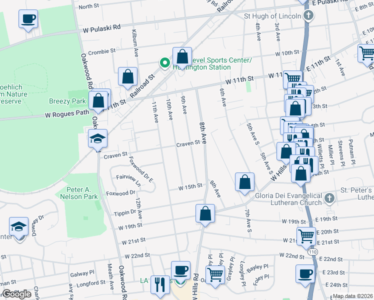 map of restaurants, bars, coffee shops, grocery stores, and more near 53 9th Ave in Huntington Station