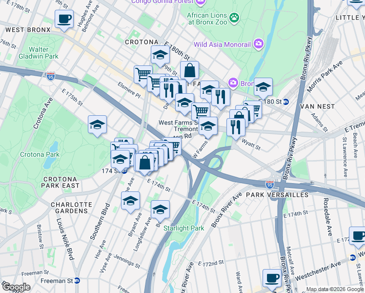 map of restaurants, bars, coffee shops, grocery stores, and more near 1897 Longfellow Avenue in The Bronx